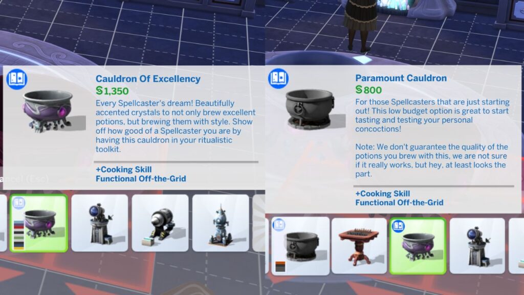 A screenshot from The Sims 4 showing the two types of cauldrons you can purchase