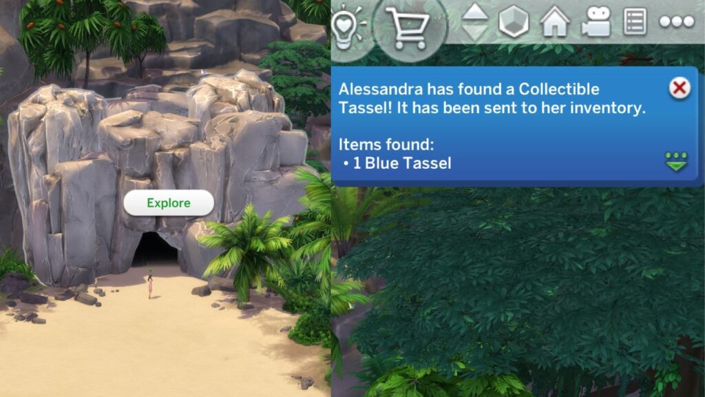 A screenshot from The Sims 4 showing the explore cave option and a sim getting a notification of getting a tassel 