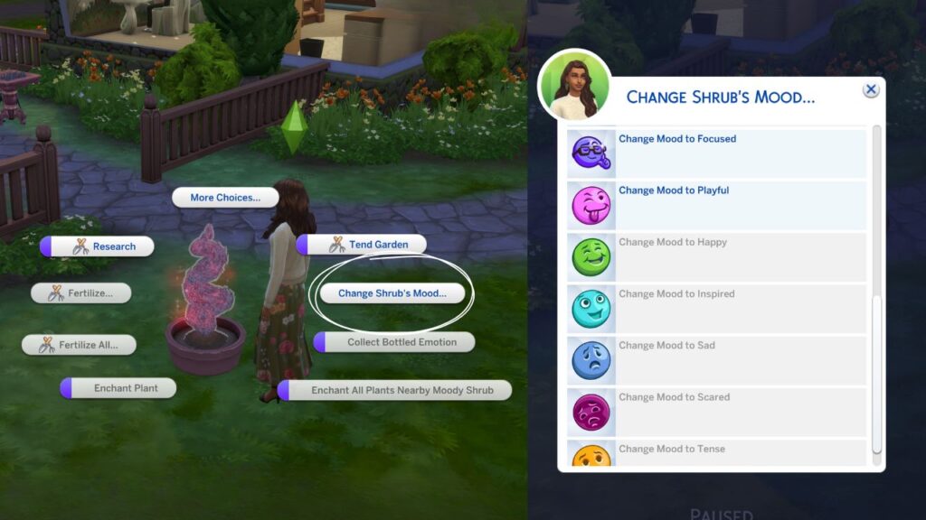 A screenshot from The Sims 4 showing the option to change the mood of a moody shrub