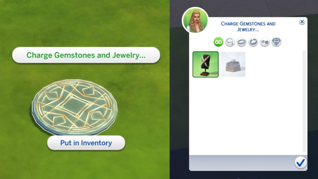 A screenshot from The Sims 4 showing how to charge jewelry on a charging grid