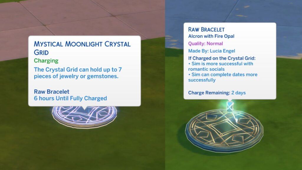 A screenshot from The Sims 4 showing a crystal charging on a charging grid