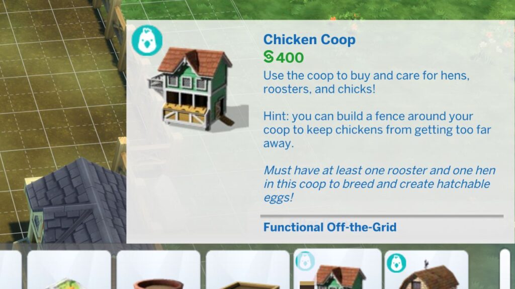 A screenshot from The Sims 4 showing the chicken coop item in the build catalog 