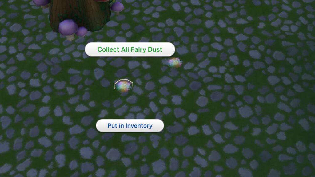 A screenshot from The Sims 4 showing fairy dust on the ground after a sim bathes and the option to collect it