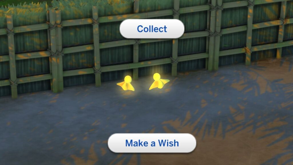 A screenshot from The Sims 4 showing some forest spirits with the menu open and Collect and Make a Wish showing