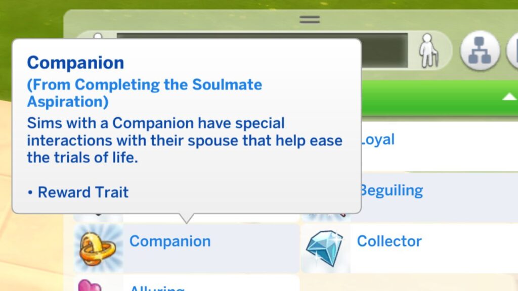 A screenshot from The Sims 4 showing the companion reward trait from the soulmate aspiration