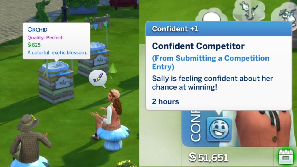 A screenshot from The Sims 4 showing a sim who entered the finchwick fair and was confident