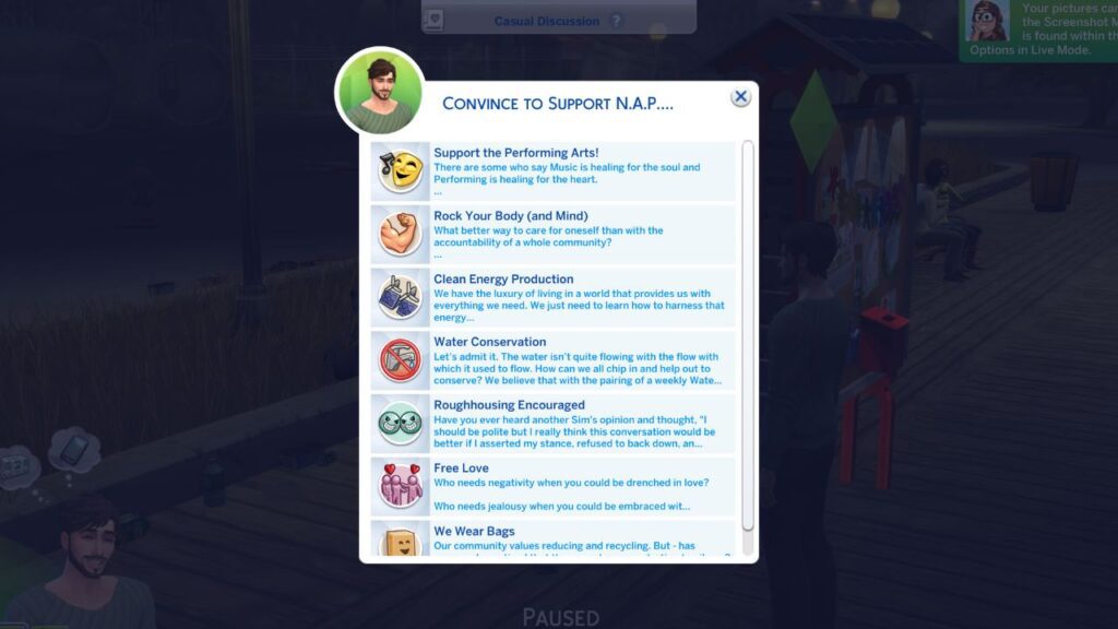 A screenshot from The Sims 4 showing the "convince to support NAP" options