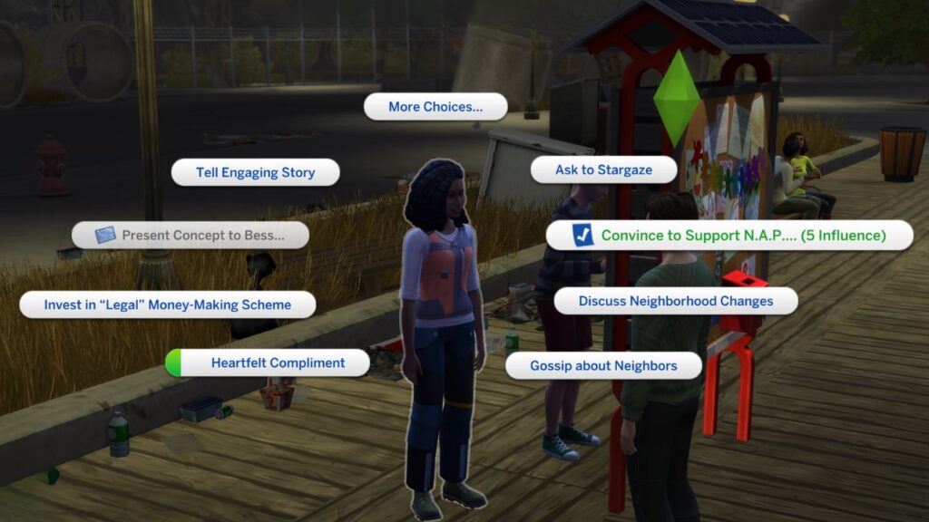 A screenshot from The Sims 4 showing the social interaction to convince to support NAP
