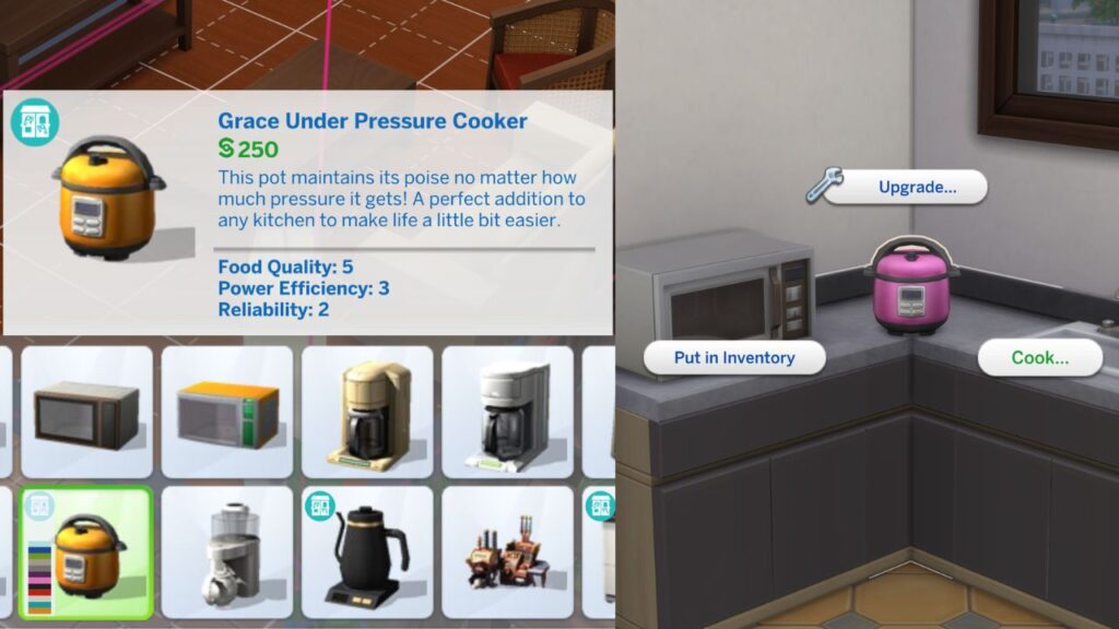 A screenshot from The Sims 4 showing the Grace Under Pressure Cooker build mode listing and the cook option on the machine