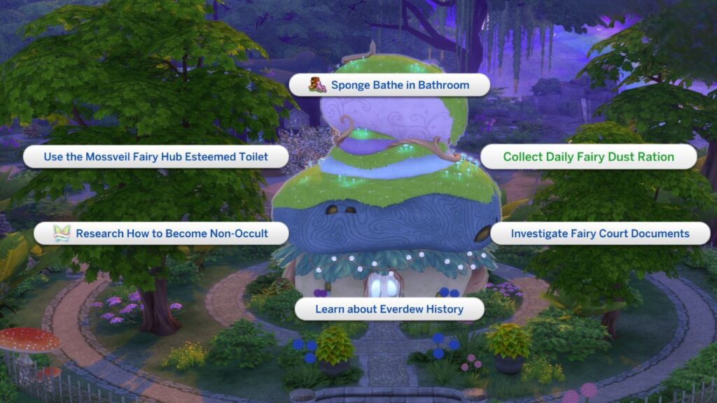 A screenshot from The Sims 4 showing the Mossveil Fairy Hub with the option to collect daily rations