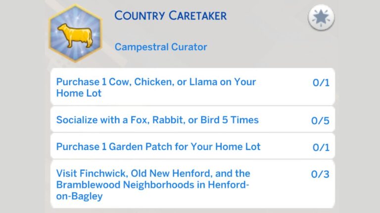 A screenshot from The Sims 4 showing the first stage of the country caretaker aspiration