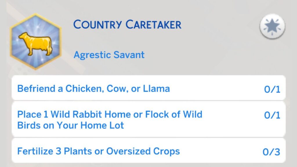 A screenshot from The Sims 4 showing the second stage of the country caretaker aspiration