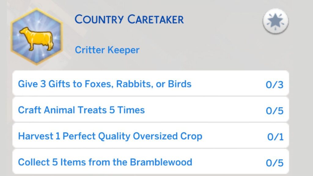 A screenshot from The Sims 4 showing the third stage of the country caretaker aspiration