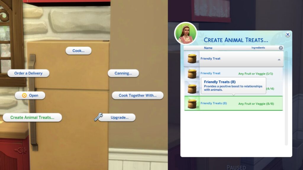 A screenshot from The Sims 4 showing how you can create animal treats on a fridge