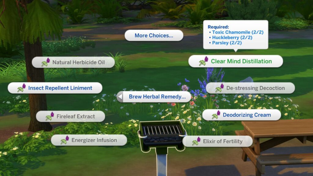 A screenshot from The Sims 4 showing how you can brew a herbal remedy on a grill