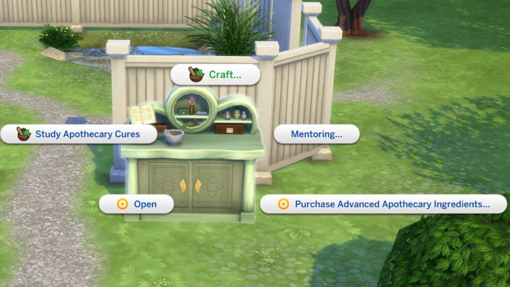 A screenshot from The Sims 4 showing how to craft items on an apothecary table