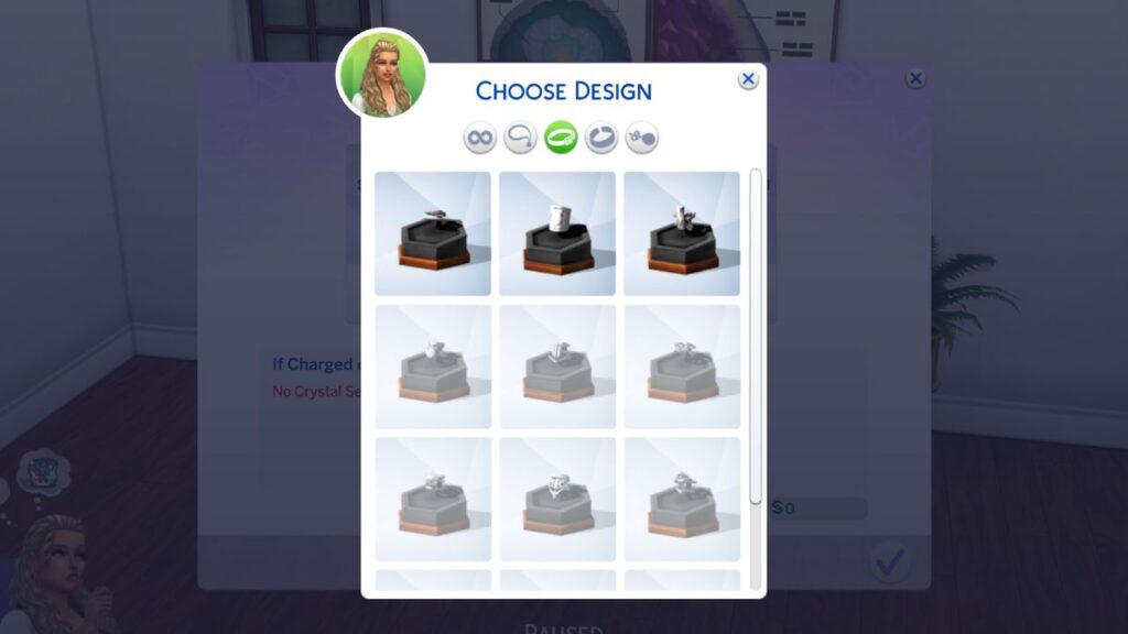 A screenshot from The Sims 4 showing the options to design a ring