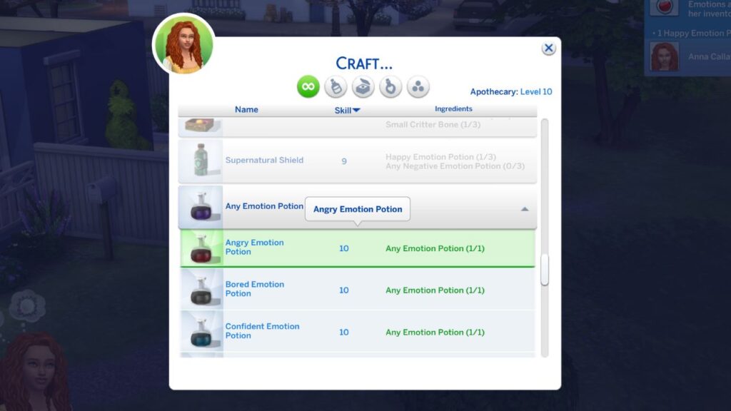 A screenshot from the sims 4 showing how to make an angry emotion potion