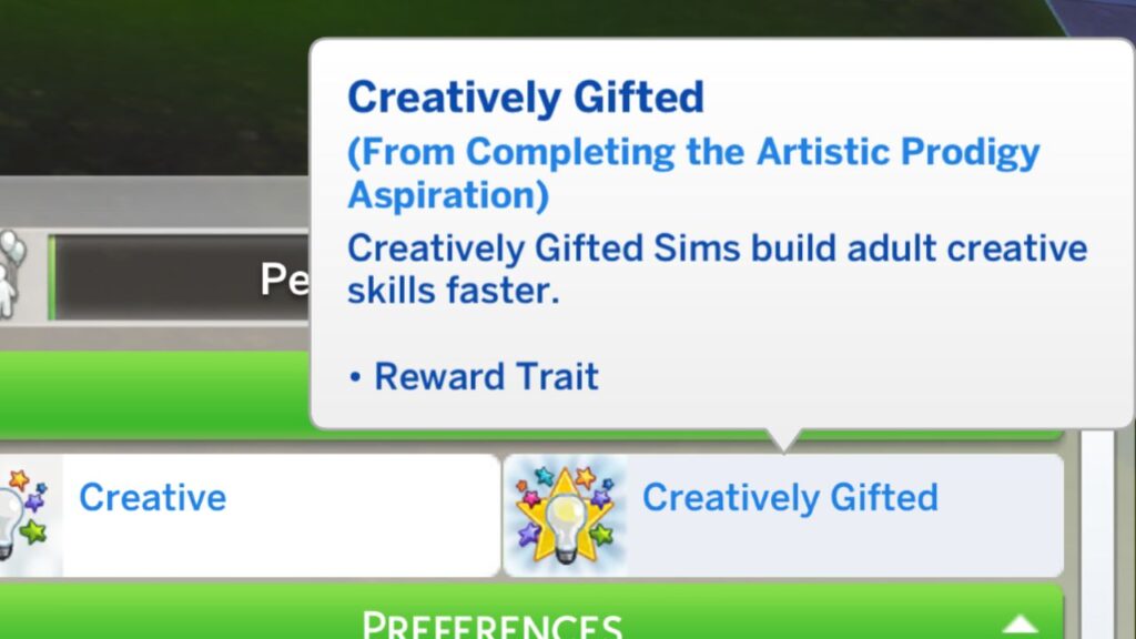 A screenshot from The Sims 4 showing the creatively gifted reward trait