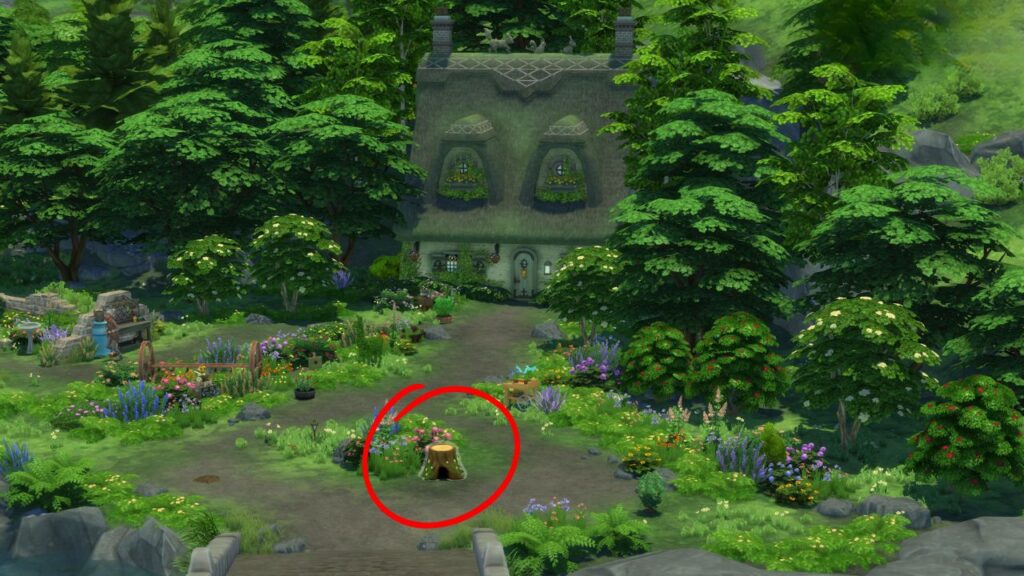 A screenshot from The Sims 4 showing the location of a rabbit home in front of the creature keeper's house.