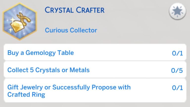 A screenshot from The Sims 4 showing the first stage of the crystal crafter aspiration