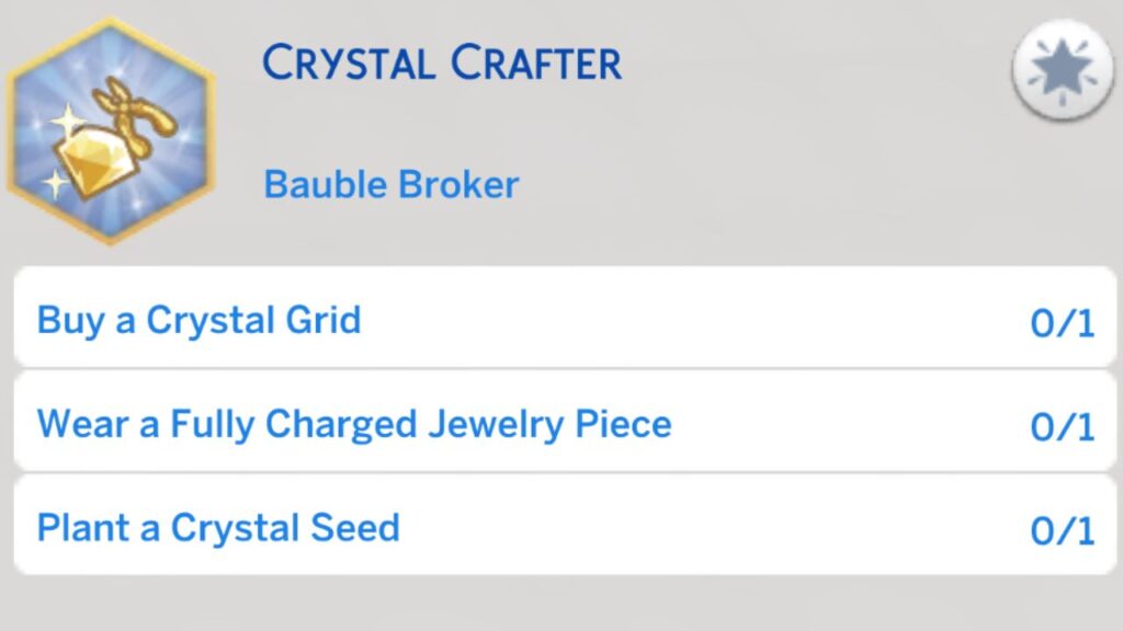 A screenshot from The Sims 4 showing the second stage of the crystal crafter aspiration 