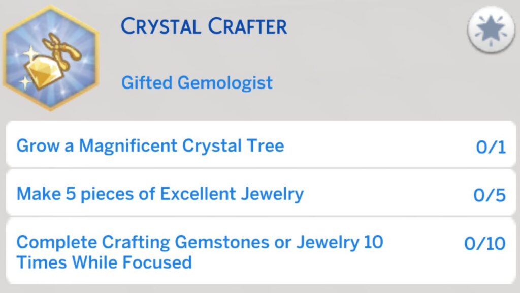 A screenshot from The Sims 4 showing the third stage of the crystal crafter aspiration 
