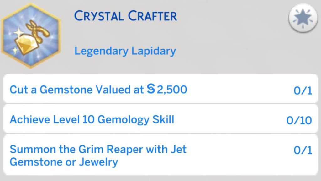 A screenshot from The Sims 4 showing the fourth stage of the crystal crafter aspiration 