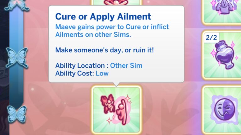 A screenshot from The Sims 4 showing the cure or apply ailment fairy perk