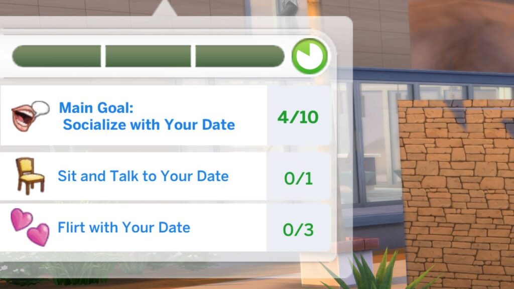 A screenshot from The Sims 4 showing the task section for a date between two sims