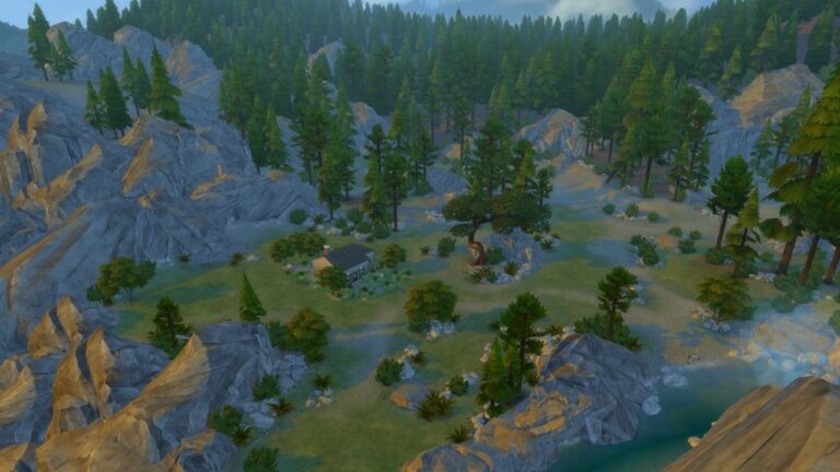 A screenshot from The Sims 4 showing a birds eye view of the deep woods