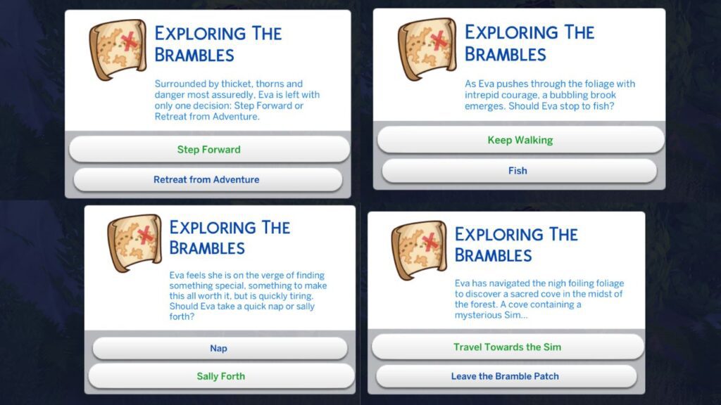 A screenshot from The Sims 4 showing the answers to enter the deep woods