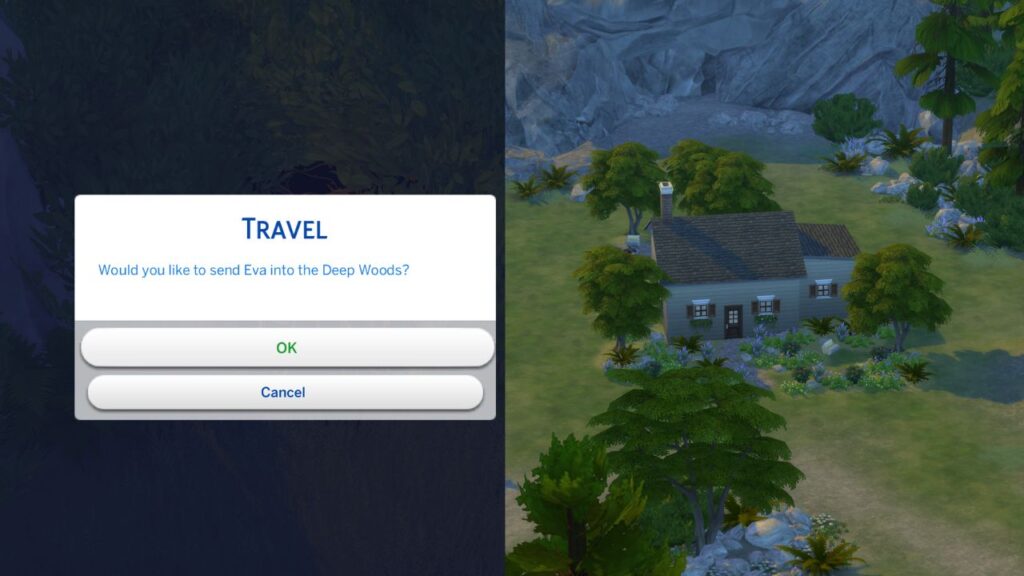A screenshot from The Sims 4 showing the houses in deep woods
