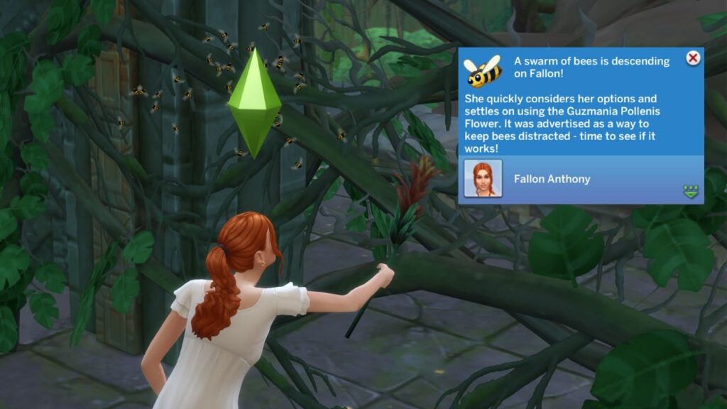 A screenshot from The Sims 4 showing a sim using a flower to defend against bees 