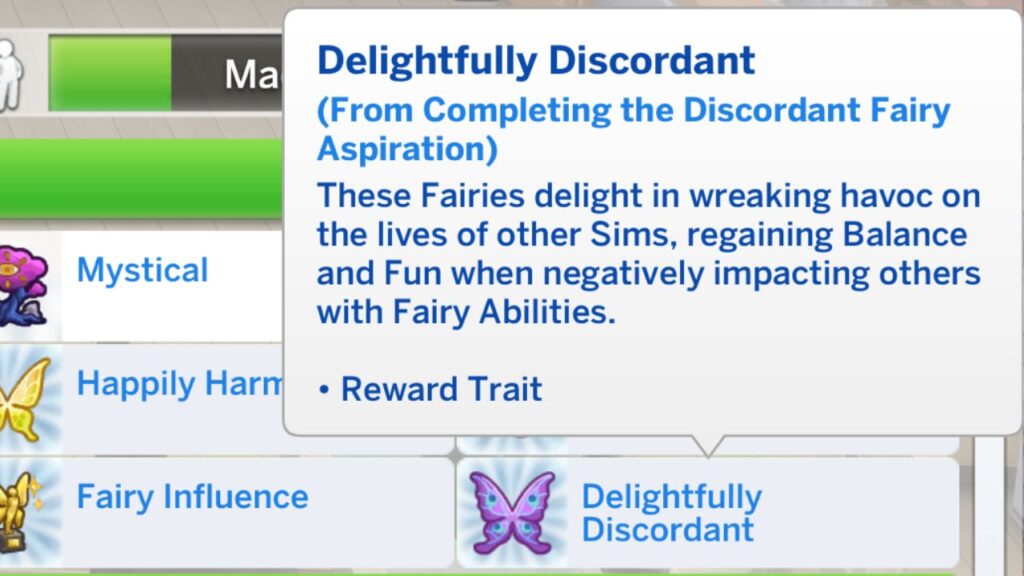 A screenshot from The Sims 4 showing the delightfully discordant reward trait