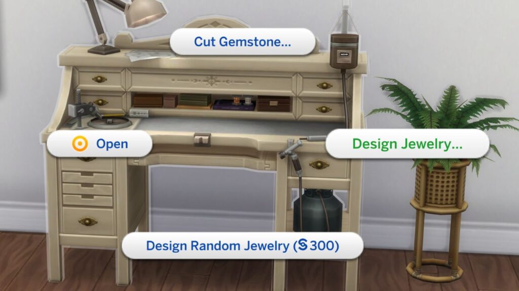 A screenshot from The Sims 4 showing the option to design jewelry on a gemology table