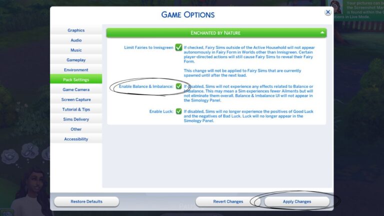 A screenshot from The Sims 4 showing the game options for disabling balance