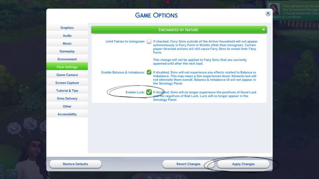 A screenshot from The Sims 4 showing the location of the option to disable luck 