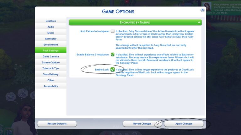 A screenshot from The Sims 4 showing the option to disable luck