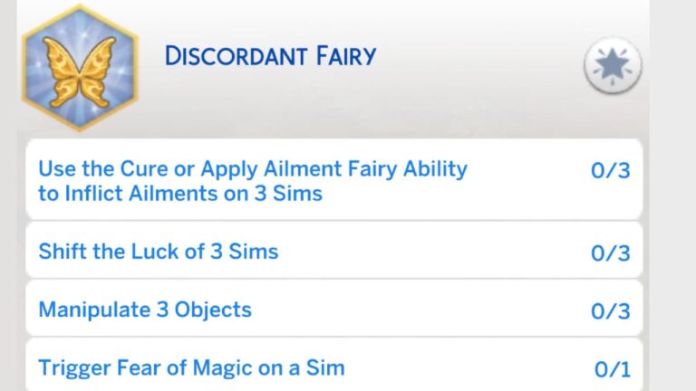 A screenshot from The Sims 4 showing the discordant fairy aspiration stage