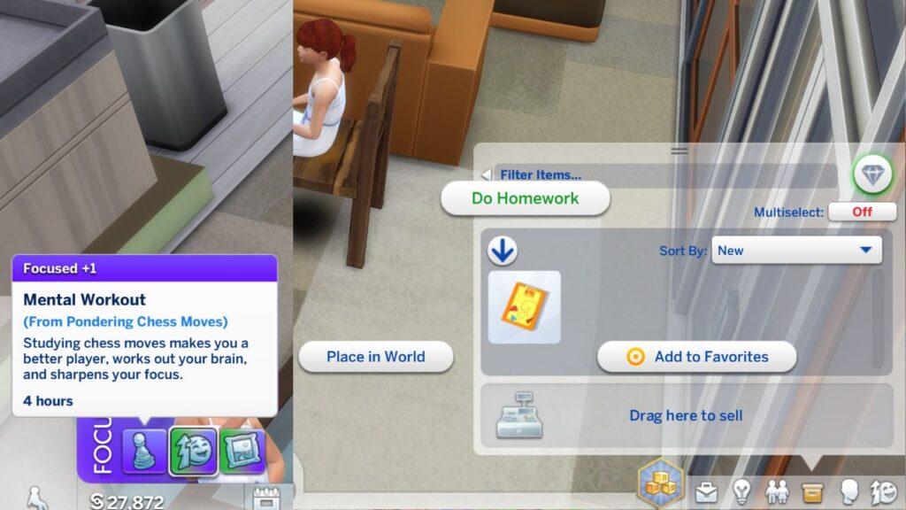 A screenshot from The Sims 4 showing a focused moodlet from pondering chess moves and the do homework menu on a child's homework