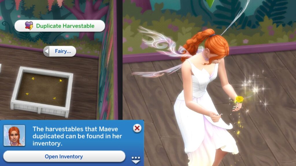 A screenshot from The Sims 4 showing how to use the duplicate harvestable item