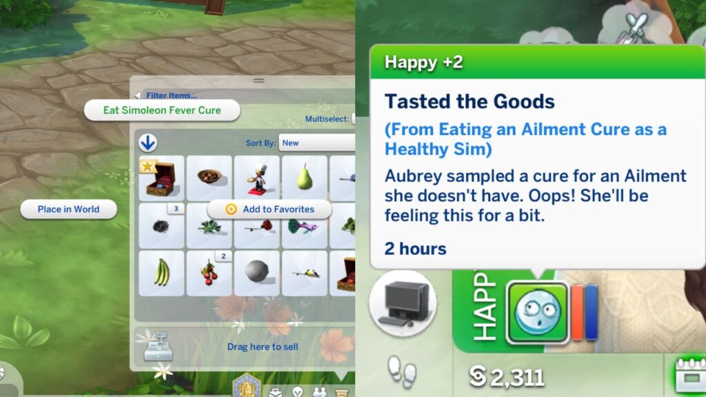 A screenshot from The Sims 4 showing the option to eat a cure and the moodlet you get if you don't have the appropriate ailment