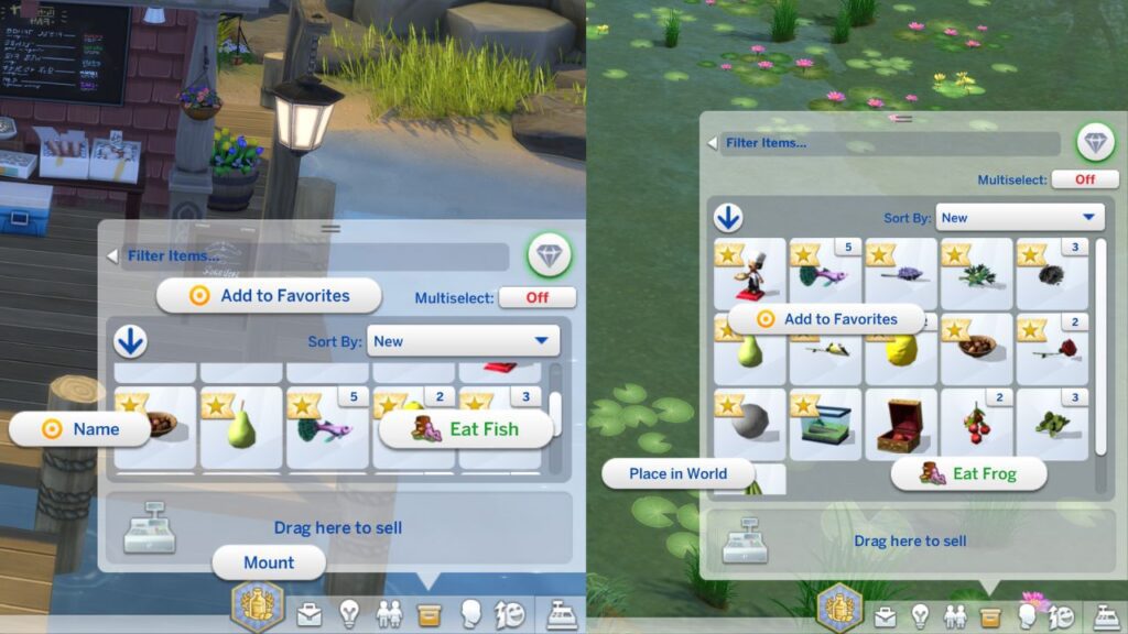 A screenshot from The Sims 4 showing the options in a sim's inventory to eat a frog or eat a fish
