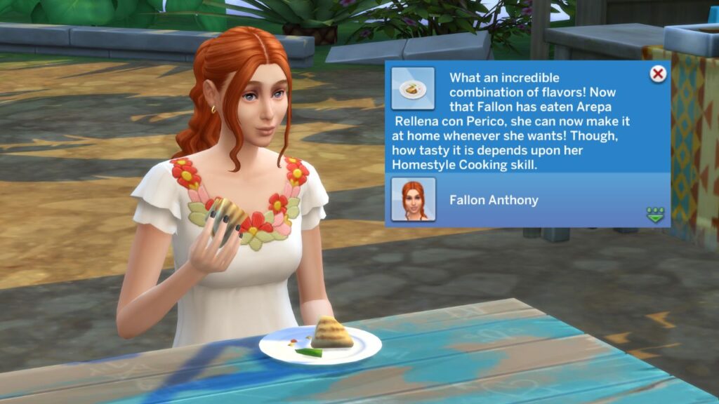 A screenshot from The Sims 4 showing a sim eating and a notification telling you that they've learned the recipe 