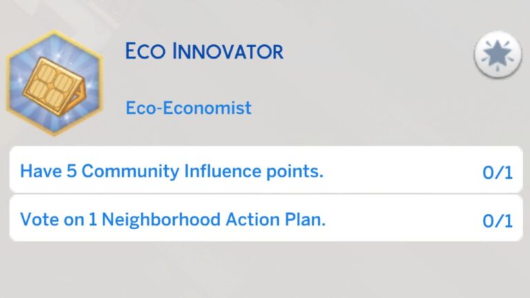 A screenshot from The Sims 4 showing the first stage of the eco innovator aspiration