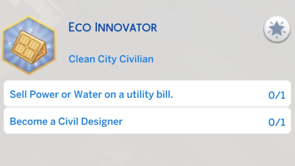 A screenshot from The Sims 4 showing the first stage of the eco innovator aspiration