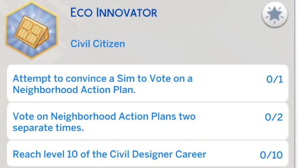 A screenshot from The Sims 4 showing stage 3 of the eco innovator aspiration