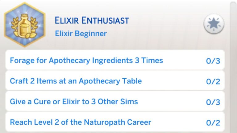 A screenshot from the sims 4 showing the first stage of the elixir enthusiast aspiration
