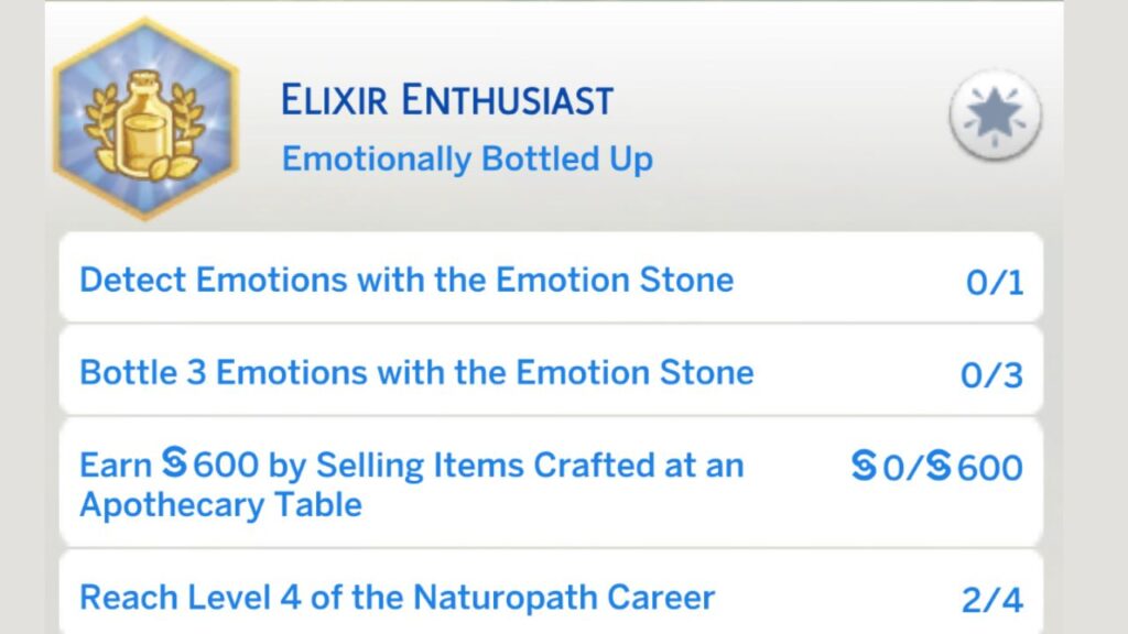 A screenshot from the sims 4 showing the second stage of the elixir enthusiast aspiration